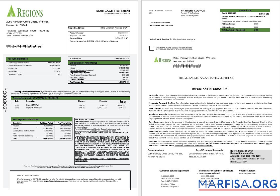 Printable USA Regions bank mortgage statement in Word and PDF formats 1 2 example